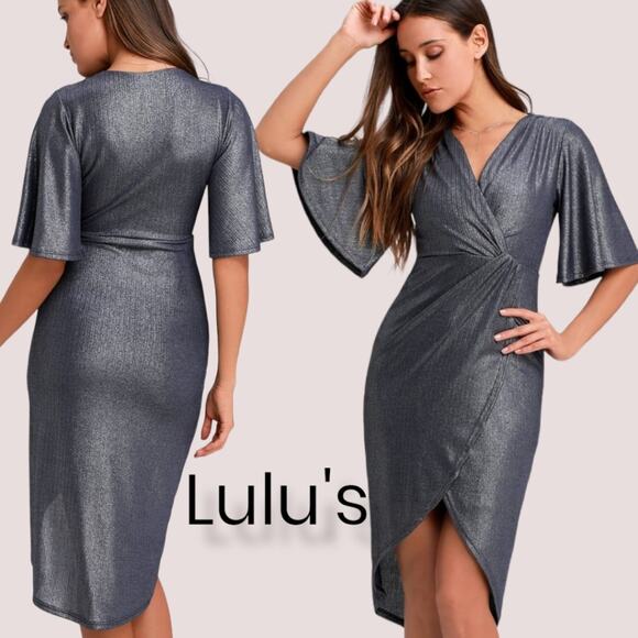 Lulu's Blue You're The Stun Metallic Midi Dress - Picture 1 of 11
